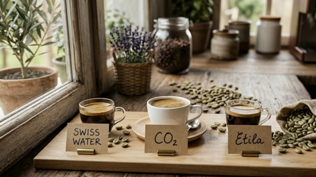 Xícara de café descafeinado pelo processo Swiss Water ao lado de grãos verdes sobre bancada de madeira
