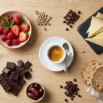 Mesa com xícara de café especial cercada de chocolate, frutas, queijo e pão para harmonização