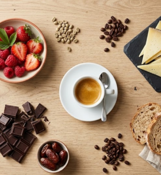 Mesa com xícara de café especial cercada de chocolate, frutas, queijo e pão para harmonização