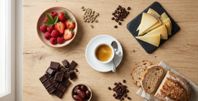 Mesa com xícara de café especial cercada de chocolate, frutas, queijo e pão para harmonização