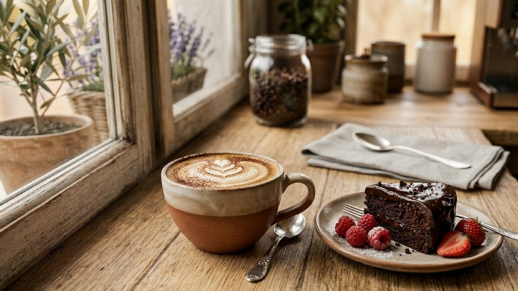 Xícara de cappuccino ao lado de bolo de chocolate em harmonização de café especial com sobremesas