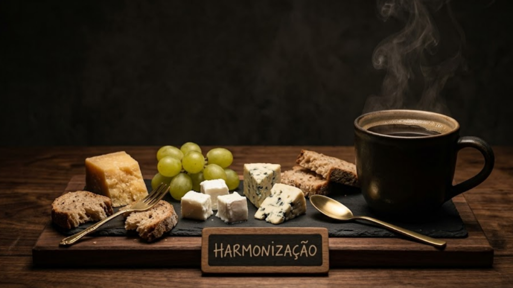 Tábua de queijos com xícara de café filtrado em harmonização salgada com café especial