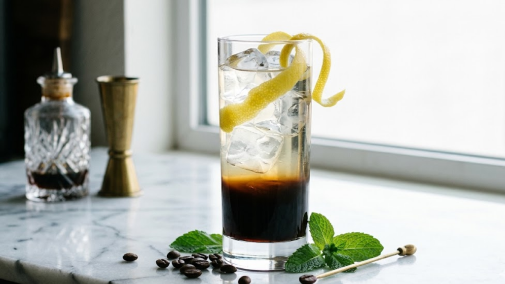 Coquetel de cold brew em copo alto, receita criativa com café especial e limão siciliano