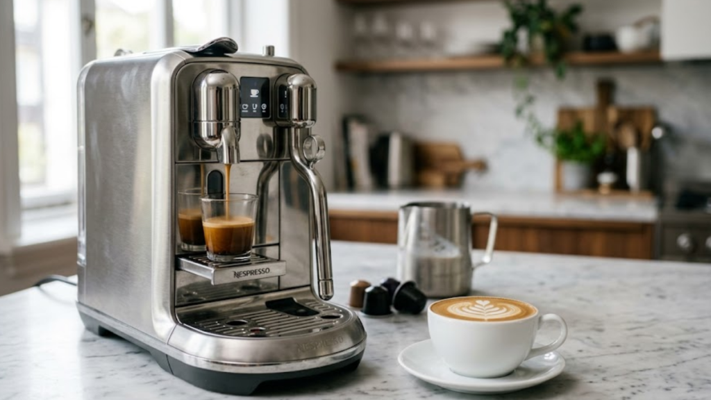 Review da máquina Nespresso Creatista Plus com cappuccino e latte art ao lado