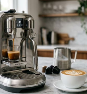 Review da máquina Nespresso Creatista Plus com cappuccino e latte art ao lado