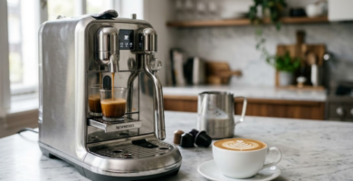 Review da máquina Nespresso Creatista Plus com cappuccino e latte art ao lado