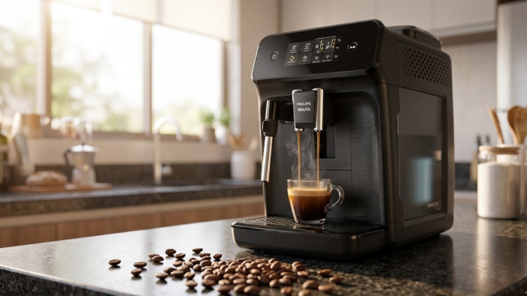 Review da Philips Walita Série 1200 EP1220 preta com espresso fumegante
