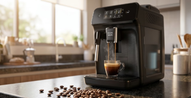Review da Philips Walita Série 1200 EP1220 preta com espresso fumegante