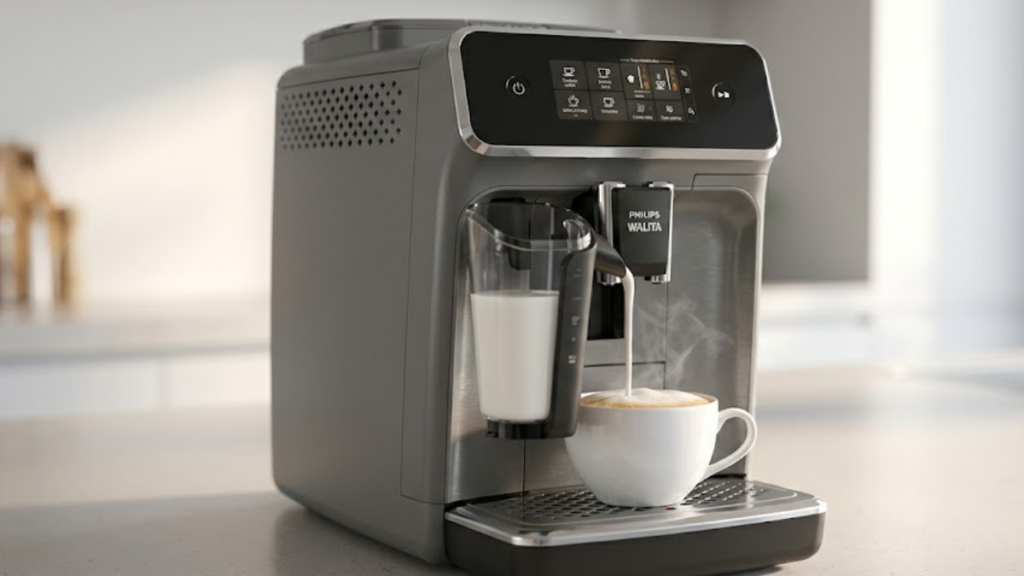 Review da Philips Walita 2200 EP2330 cinza com jarra LatteGo despejando cappuccino