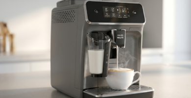 Review da Philips Walita 2200 EP2330 cinza com jarra LatteGo despejando cappuccino