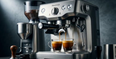 Review da Hausmojo Pro 20 bar semi-automática com moedor extraindo espresso