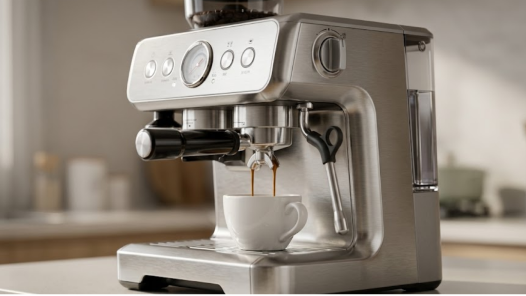 Review da Kismile com triturador e tanque removível extraindo espresso