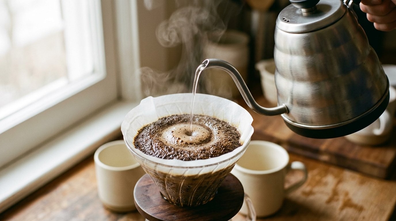 Chaleira de bico fino despejando água em espiral sobre o café no filtro de papel