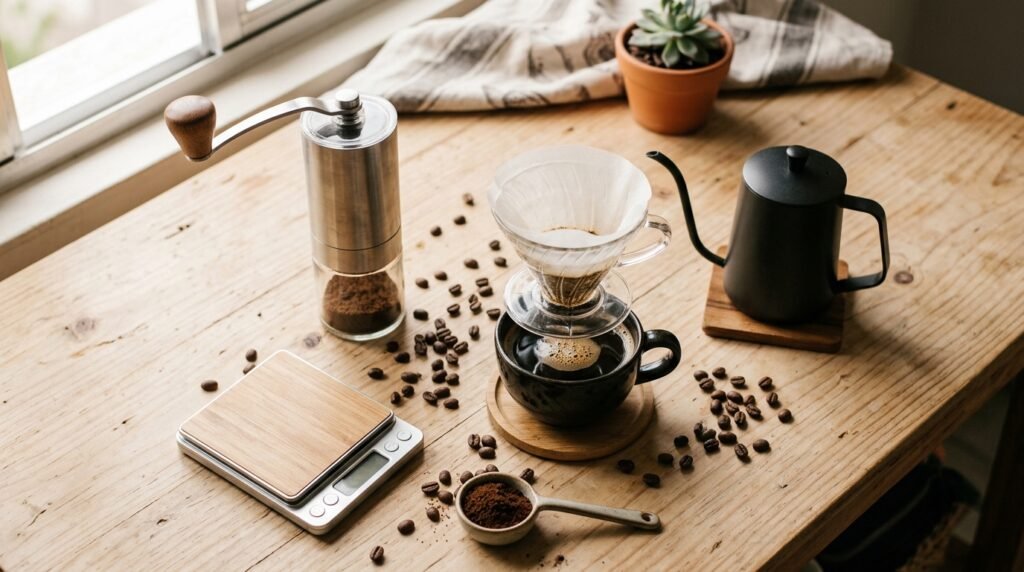 Bancada de café em casa com moedor manual, balança digital, chaleira de bico fino, coador de vidro e grãos espalhados