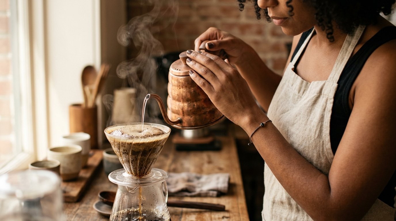 Mãos despejando água em fio fino de uma chaleira de bico de ganso sobre coador de vidro com café florescendo