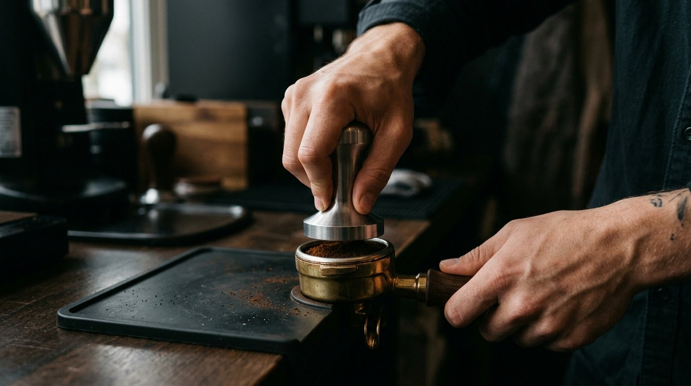 Mãos compactando café no porta-filtro com tamper de aço sobre tapete de silicone