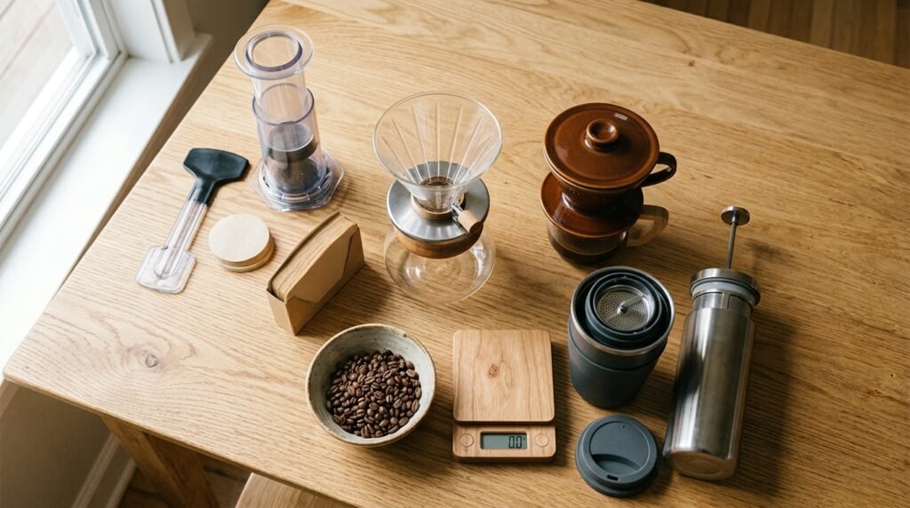 Cafeteiras de imersão manuais com filtros de papel, balança e café moído sobre mesa de madeira