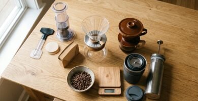 Cafeteiras de imersão manuais com filtros de papel, balança e café moído sobre mesa de madeira