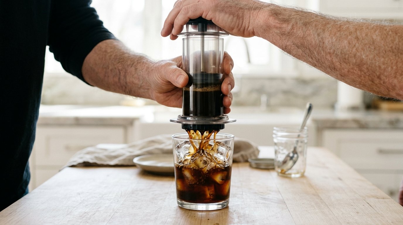 Café concentrado sendo pressionado de uma cafeteira manual diretamente sobre um copo com gelo
