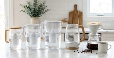 Jarras filtrantes com água ao lado de chaleira, coador e xícara de café