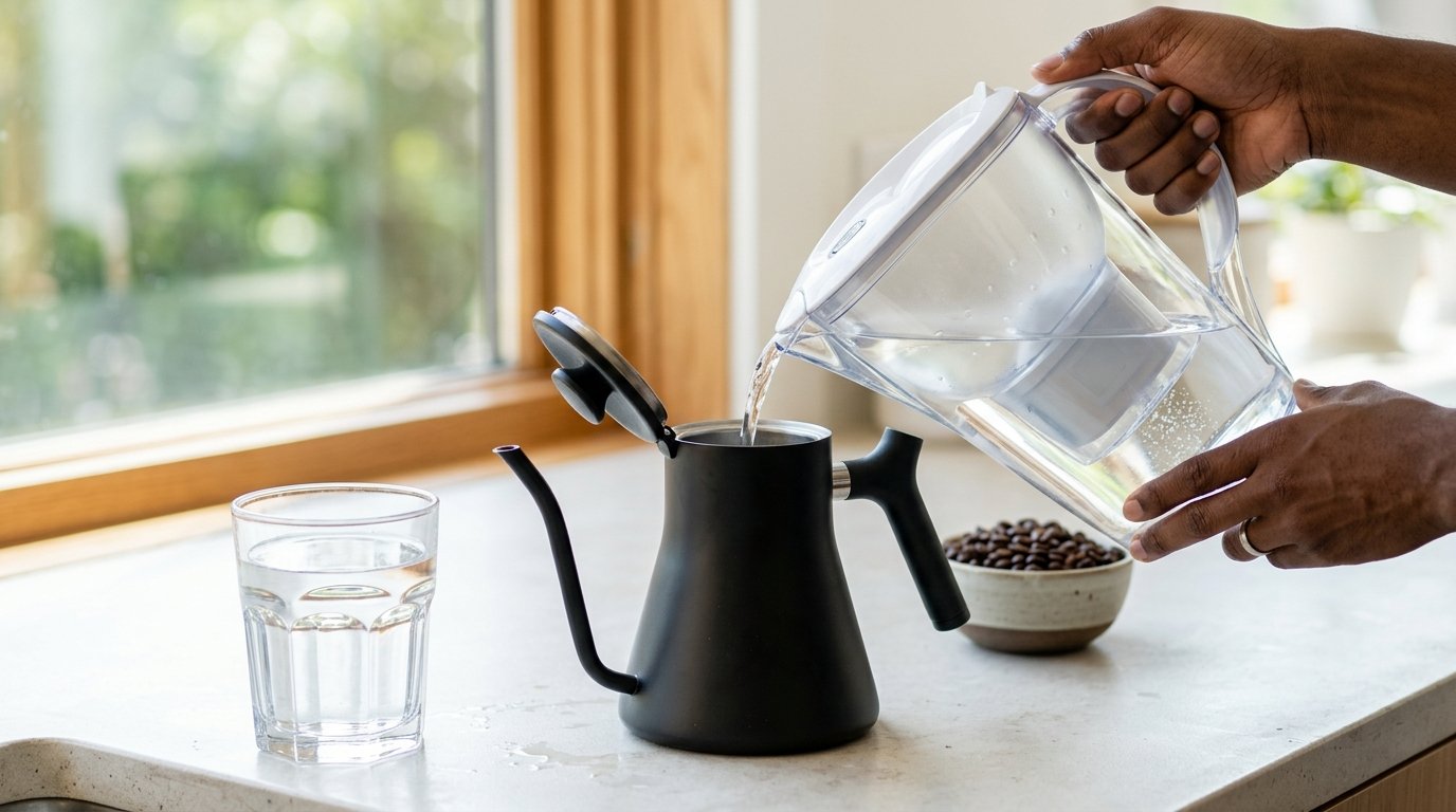 Água filtrada sendo despejada da jarra na chaleira para preparar café