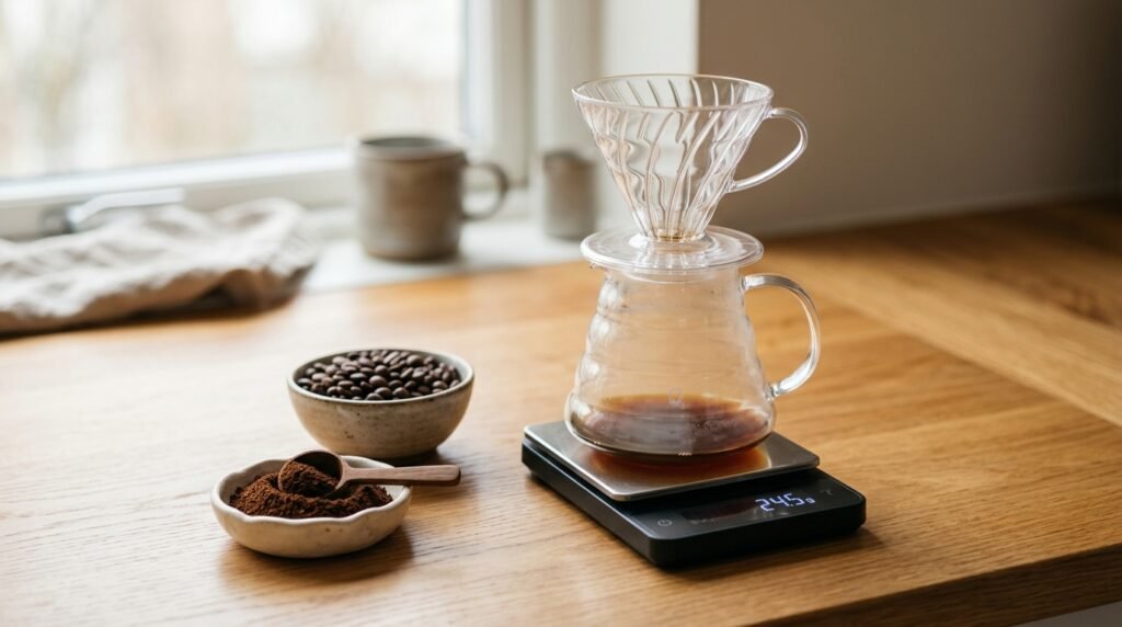 Balança digital de café sobre bancada de madeira com jarra de vidro, coador e grãos ao lado