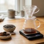 Balança digital de café sobre bancada de madeira com jarra de vidro, coador e grãos ao lado