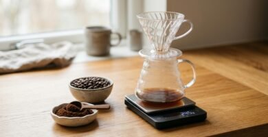 Balança digital de café sobre bancada de madeira com jarra de vidro, coador e grãos ao lado