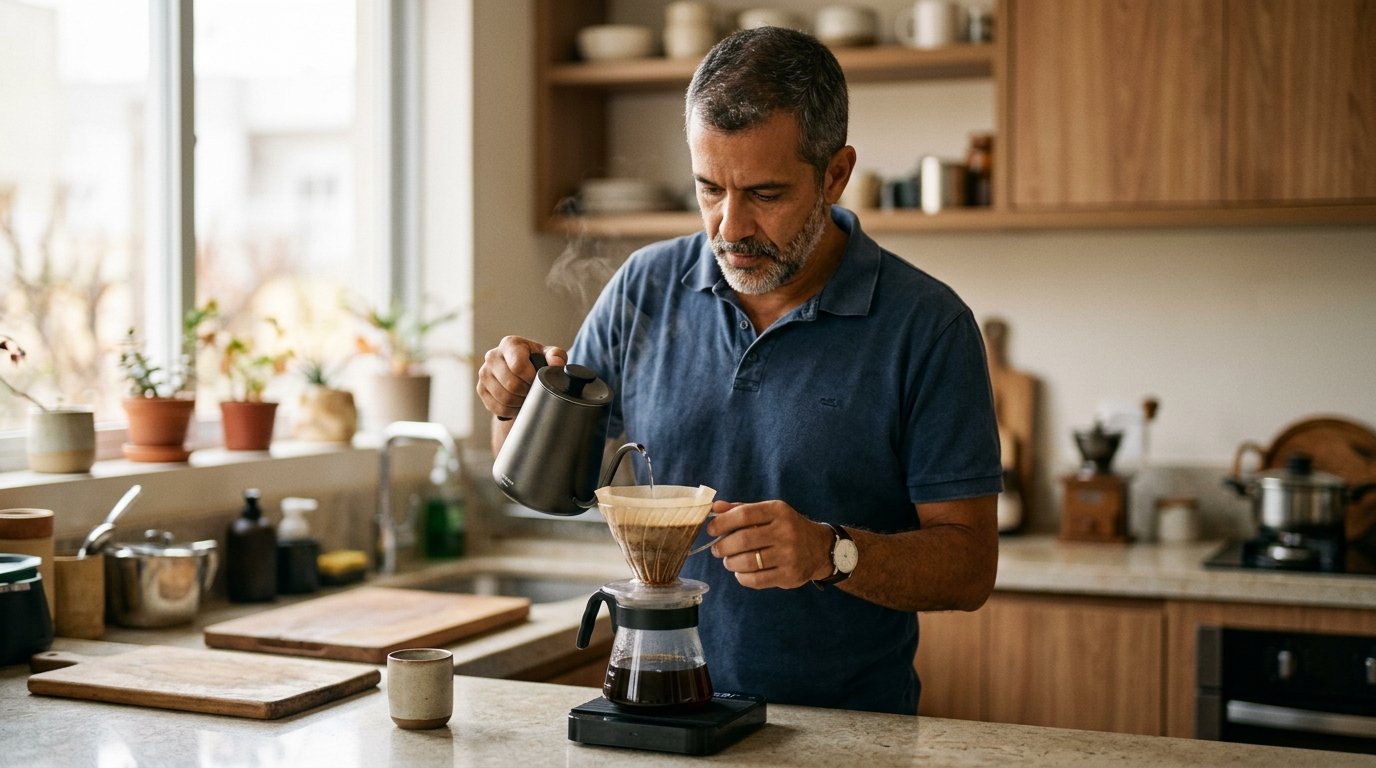 Homem observando o peso na balança enquanto despeja água no coador de café na cozinha
