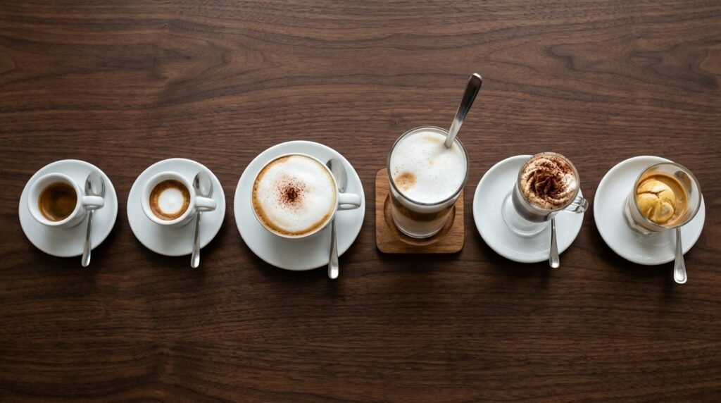 Bebidas de café italianas lado a lado: espresso, macchiato, cappuccino, latte macchiato e affogato