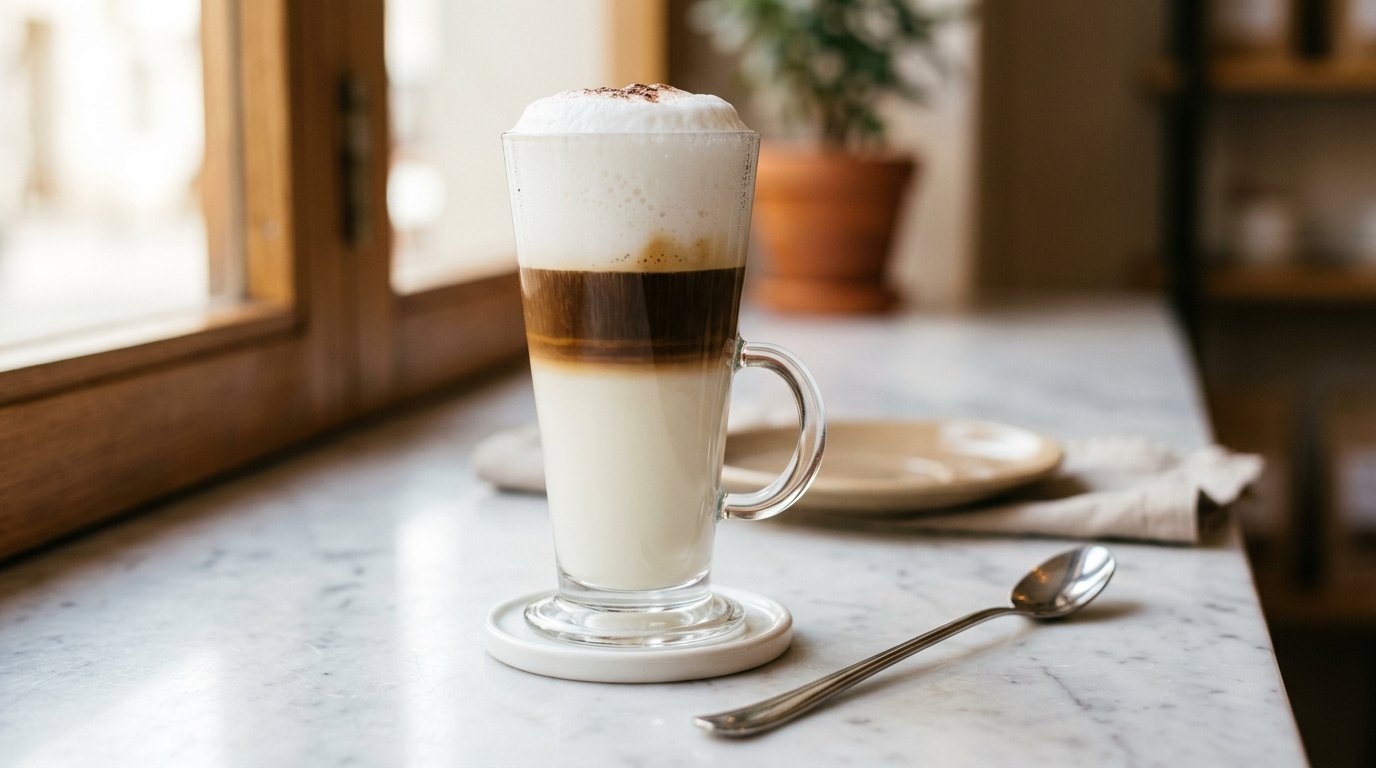 Copo de latte macchiato com camadas de leite, café e espuma bem definidas