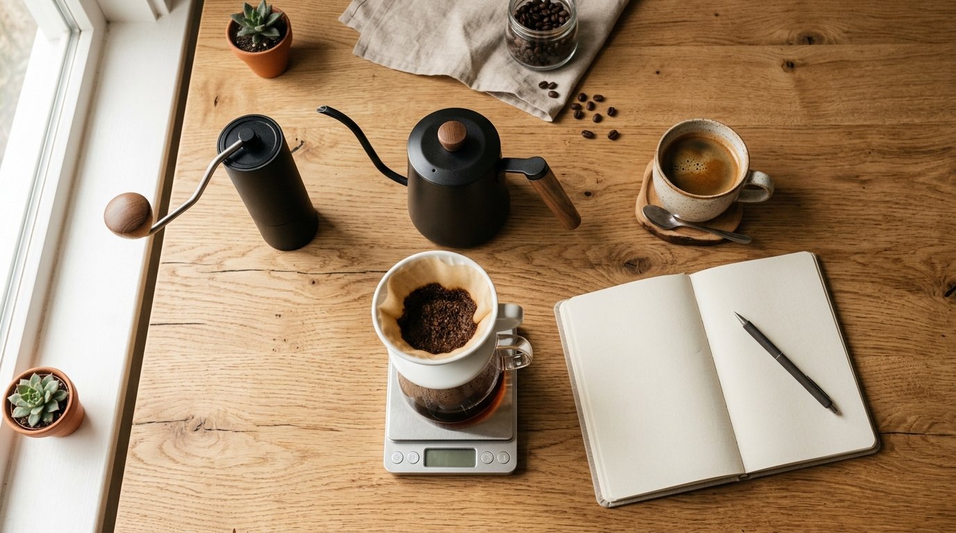 Bancada de barista doméstico com moedor, balança, chaleira, coador e caderno de anotações