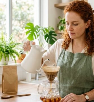 Mulher ruiva coando café com chaleira de bico fino diretamente sobre jarra com gelo