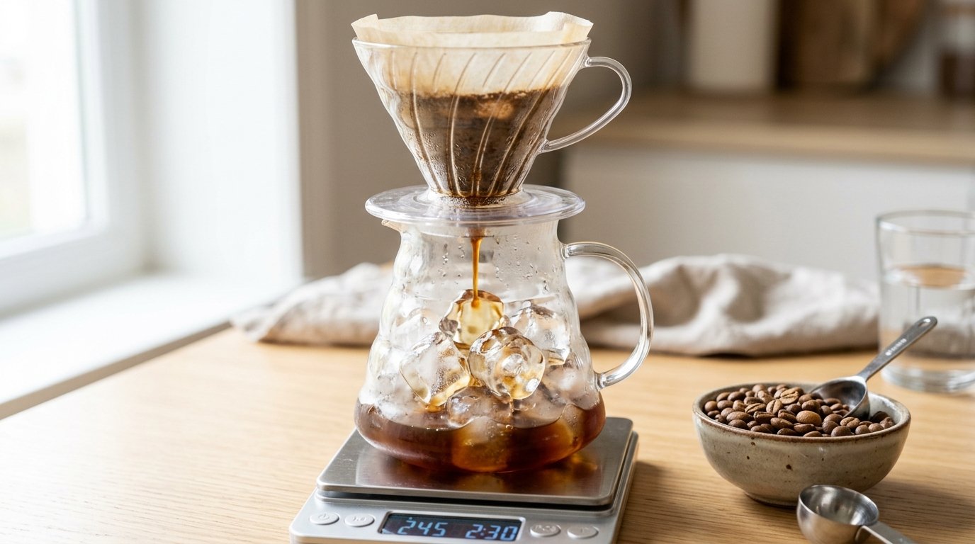 Café coado pingando sobre cubos de gelo numa jarra de vidro ao lado de uma balança
