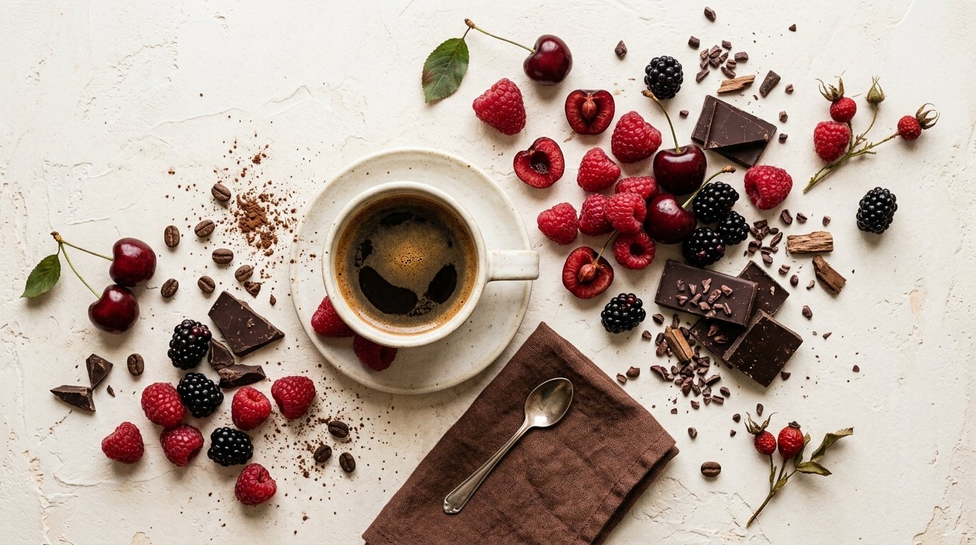 Xícara de café preto cercada por frutas vermelhas frescas e pedaços de chocolate amargo