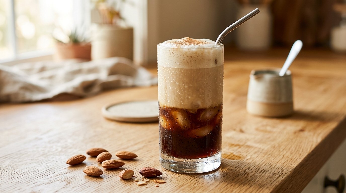 Copo alto de café gelado com leite de amêndoas em camadas sobre gelo