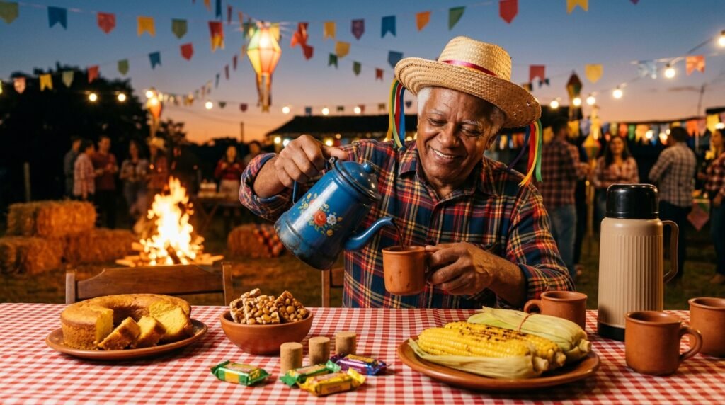 Senhor de chapéu de palha servindo café em mesa de festa junina com bolo de fubá e doces de amendoim