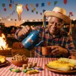 Senhor de chapéu de palha servindo café em mesa de festa junina com bolo de fubá e doces de amendoim