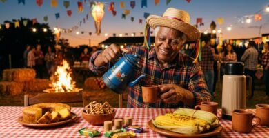 Senhor de chapéu de palha servindo café em mesa de festa junina com bolo de fubá e doces de amendoim