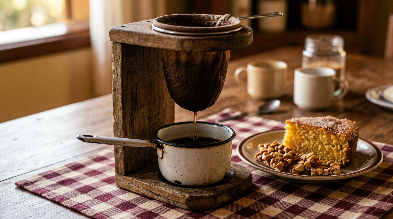 Café sendo coado em coador de pano ao lado de bolo de fubá e pé de moleque