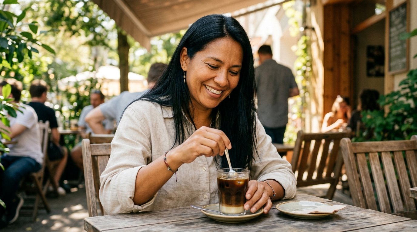 Mulher de ascendência indígena mexendo um café gelado com leite condensado numa mesa ao ar livre