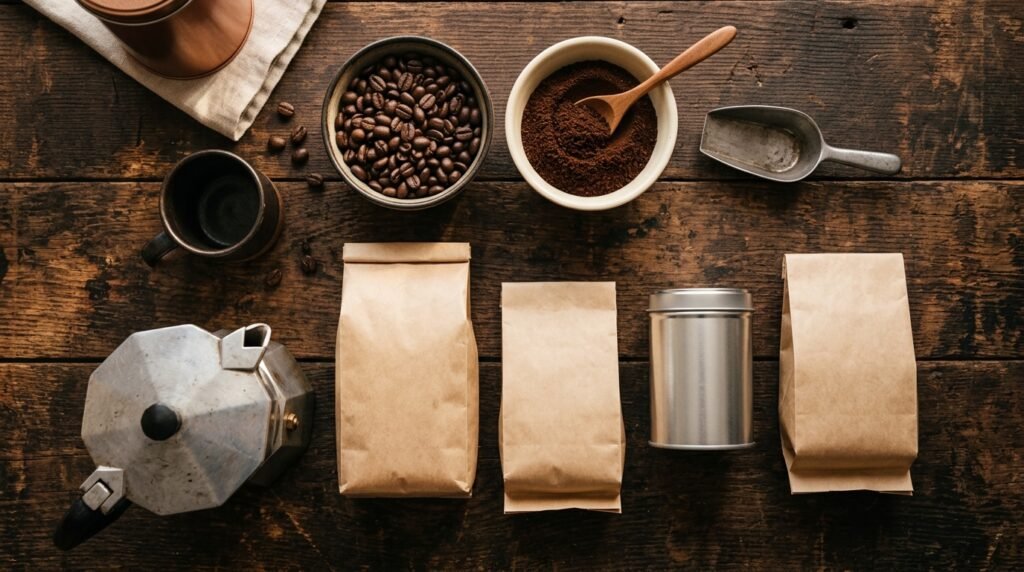 Pacotes de café, grãos torrados, café moído e cafeteira italiana sobre mesa de madeira