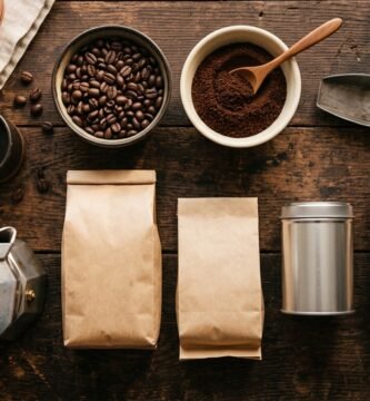 Pacotes de café, grãos torrados, café moído e cafeteira italiana sobre mesa de madeira