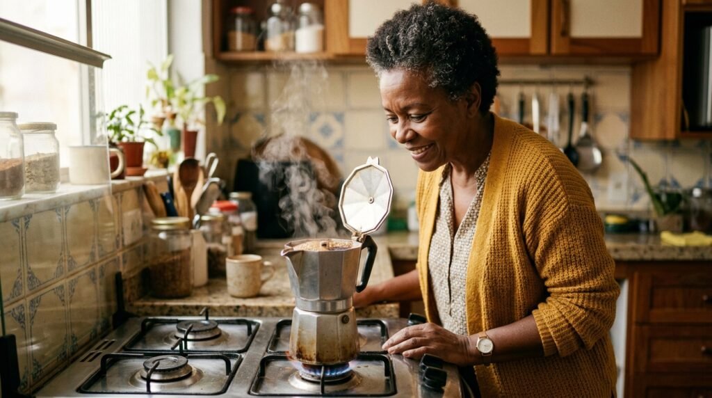 Mulher negra de cabelo grisalho observando o café subir na cafeteira italiana sobre o fogão