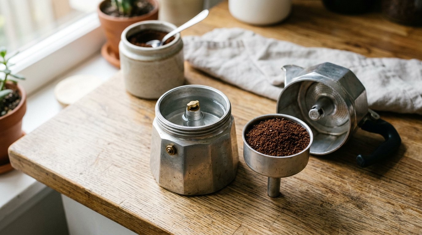 Cafeteira italiana desmontada com a base cheia de água e o funil nivelado de café moído