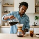 Jovem negro filtrando cold brew de um pote de vidro para uma jarra na cozinha