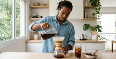 Jovem negro filtrando cold brew de um pote de vidro para uma jarra na cozinha