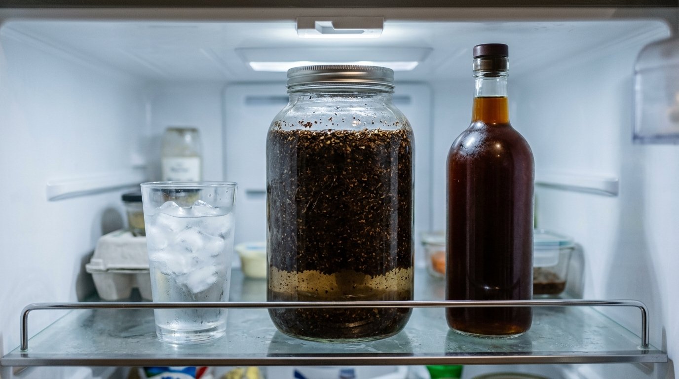 Pote de vidro com café em infusão a frio na geladeira ao lado de uma garrafa de cold brew pronto