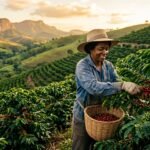 Colhedora selecionando cerejas maduras de café num cafezal de montanha