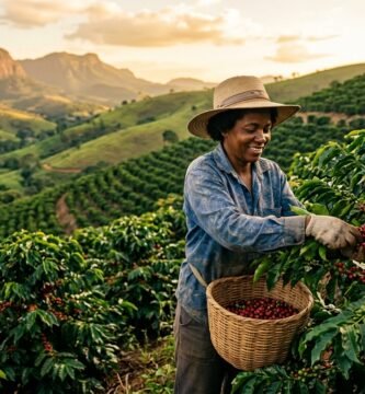 Colhedora selecionando cerejas maduras de café num cafezal de montanha